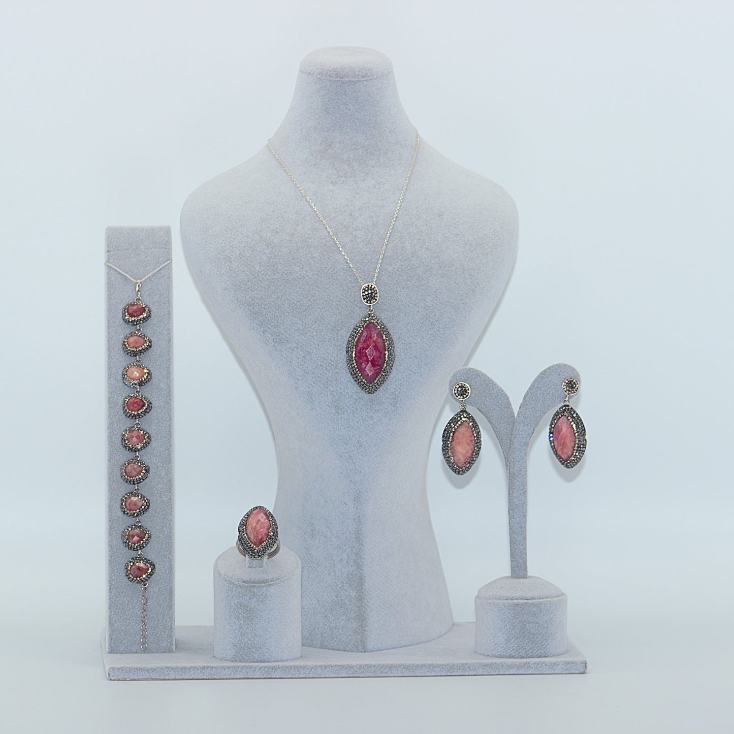 EXQUISITE AMETHYST AND NATURAL STONE SILVER JEWELRY SET