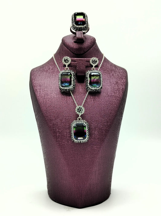 Iridescent Rainbow Square Gem Silver Jewelry Set