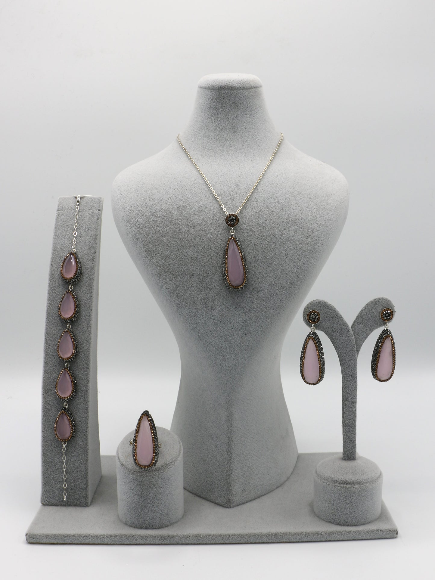 Elegant Rose Quartz Silver Jewelry Set