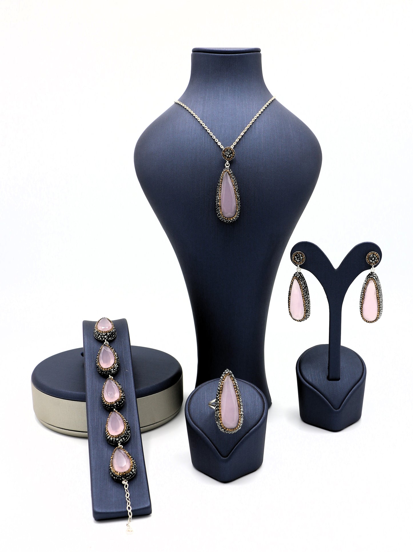 Elegant Rose Quartz Silver Jewelry Set