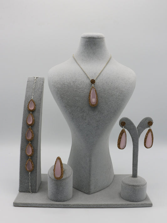 Rose Quartz Jewelry Set with Golden Accent Stones