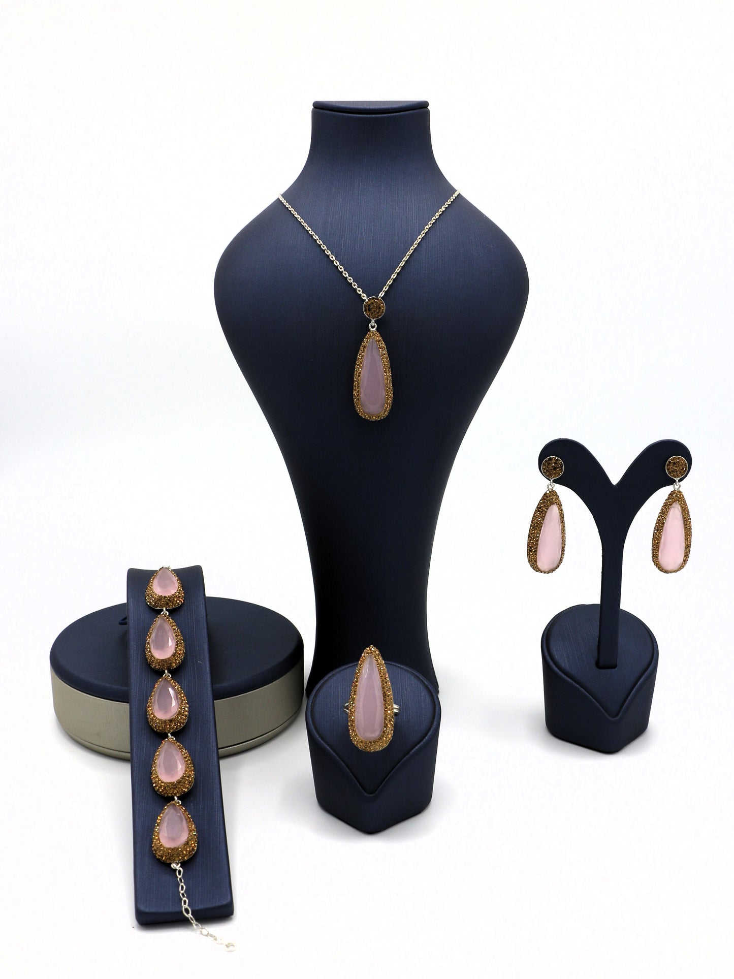 Rose Quartz Jewelry Set with Golden Accent Stones